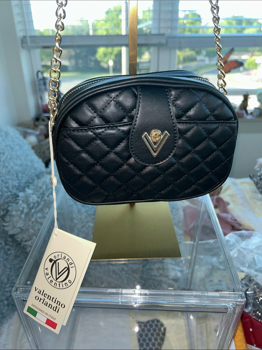 Valentino Orlandi Black Quilted Mini Crossbody with Gold Chain 7”x 3”x 5.5” NWT